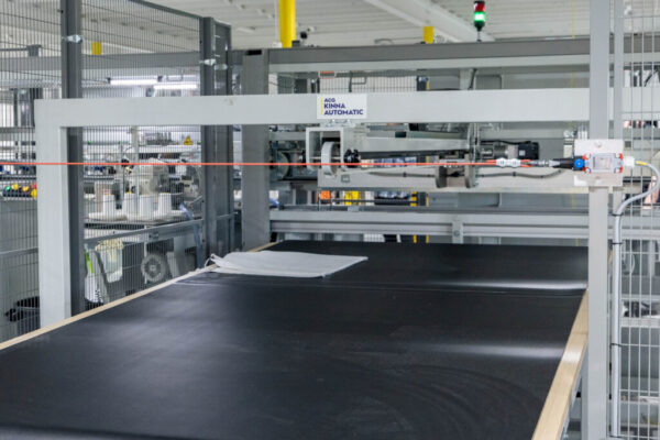 Industrial conveyor system behind safety fencing, with a tag reading ACG KINNA AUTOMATIC.