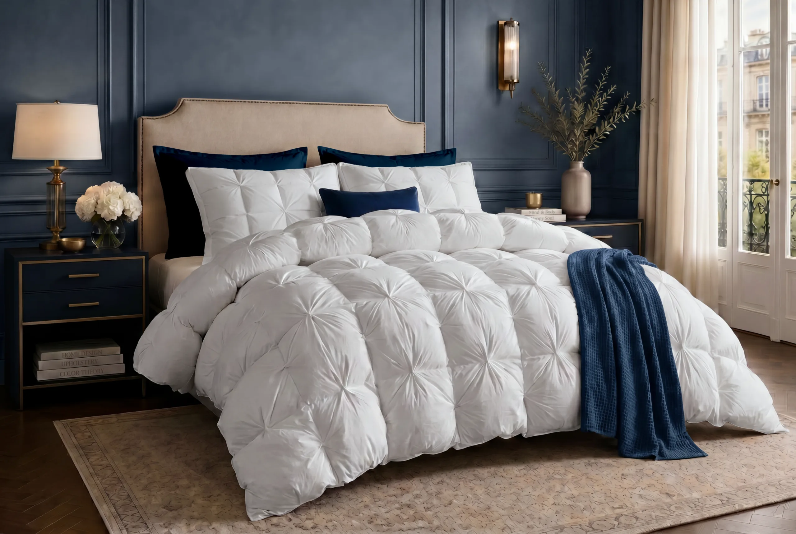 Luxurious bedroom with dark blue paneled walls, tufted beige headboard, white quilted bedding, navy pillows, and a blue throw by a windowed balcony door.
