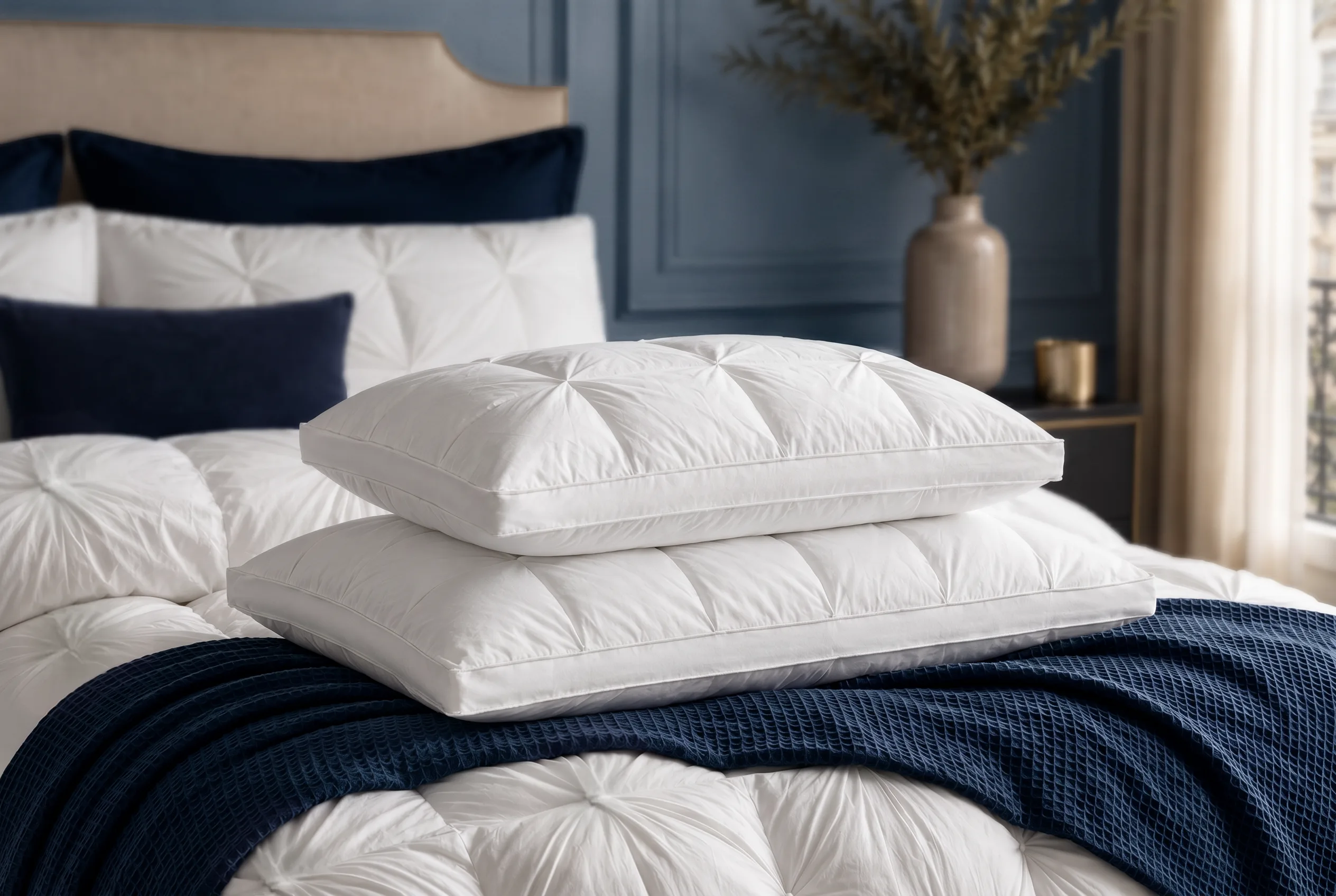 Cozy hotel-style bed with white quilted bedding, stacked pillows, and a navy throw blanket against a blue wall with a tall vase and plant in the background.