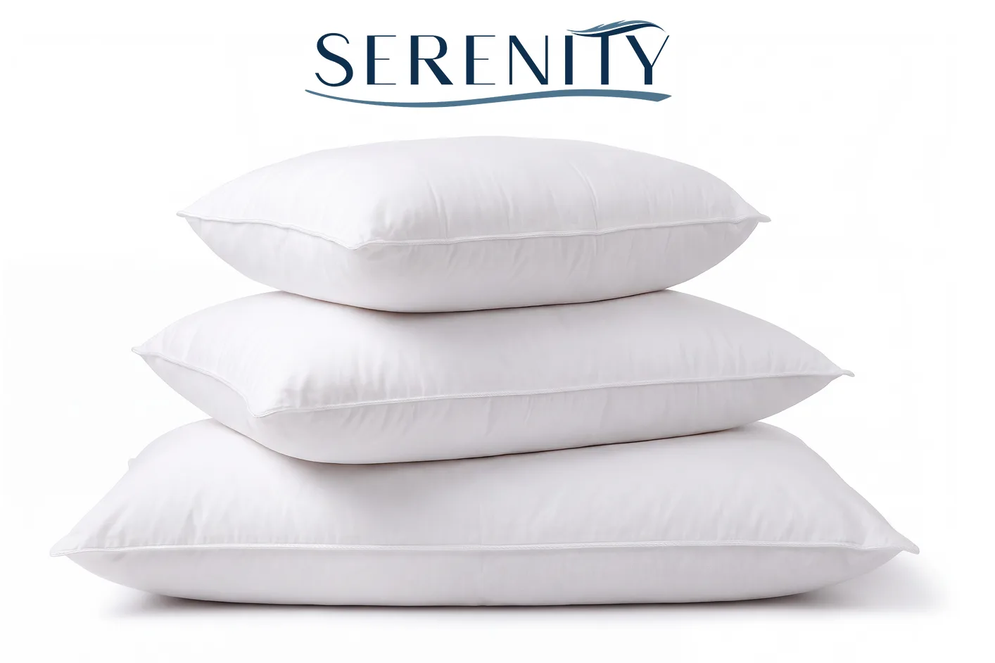 Three fluffy white pillows stacked on a white surface with a Serenity logo above.