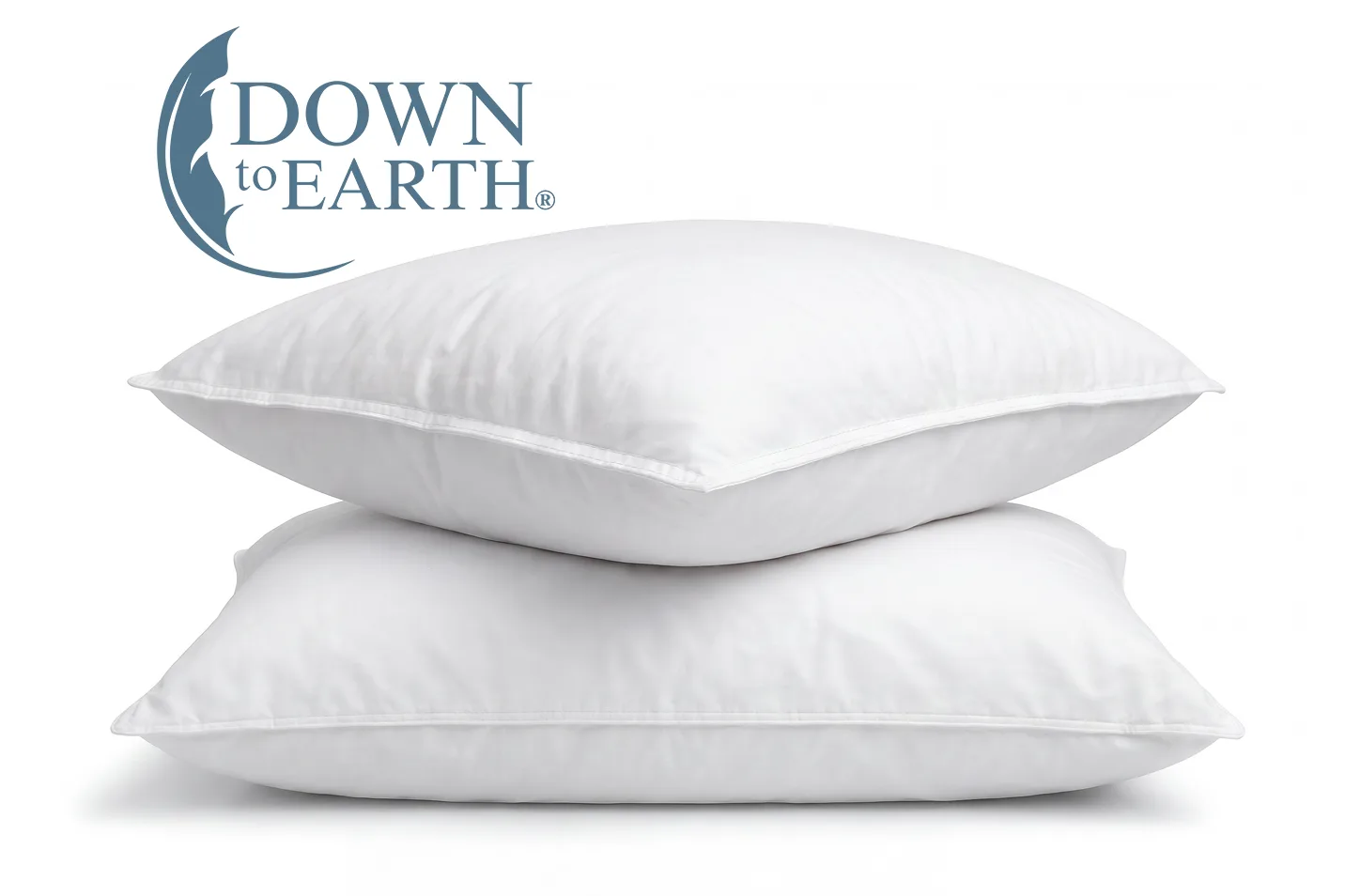 Two white pillows stacked on a white background with the Down to Earth logo in the top-left corner.